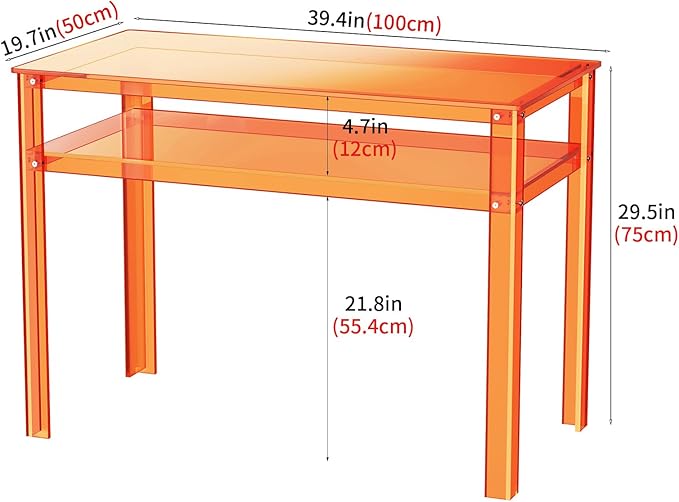 Clear Acrylic Desk with Open Storage Home Office Computer Writing Desk Office Study Table (Orange 39.4'' x 19.7'' x 29.5'')