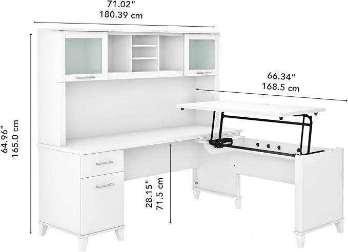Bush Furniture Somerset 72W 3 Position Sit to Stand L Shaped Desk with Hutch in White | Adjustable Height Table for Home Office