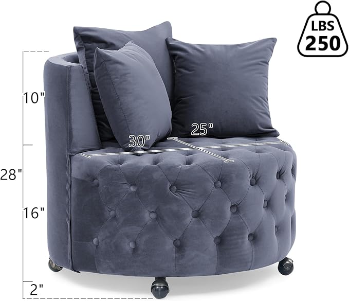 LLS Swivel Barrel Chair Velvet Accent Barrel Chair with 3 Pillows and 4 Wheels 360 Degree Sofa Chair Modern Button Tufted Upholstered Accent Chair for Living Room Bedroom Gray