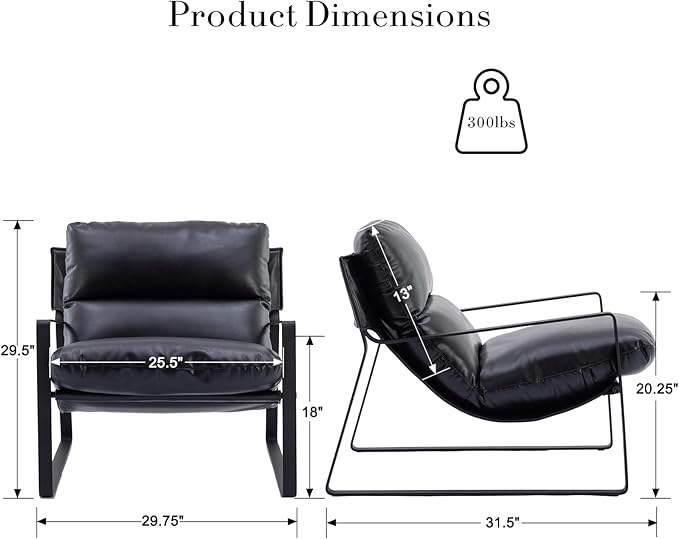 CIMOTA Modern Accent Chair Black PU Leather Upholstered Lounge Armchair with Black Metal Frame for Living Room Bedroom Office 2PCS