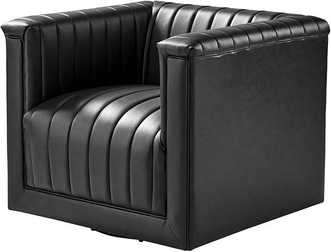 HULALA Home Faux Leather Swivel Accent Chair Boxy Silhouette Chair with Striped Arm Leather Barrel Chair with Herringbone Pattern(Black)