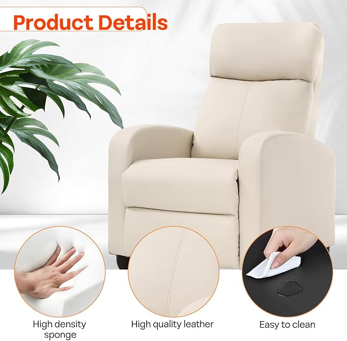 Recliner Chair PU Leather Massage Single Sofa Home Theater Seating Breathable Padded Reading Sofa with Footrest for Bedroom Living RoomBeige