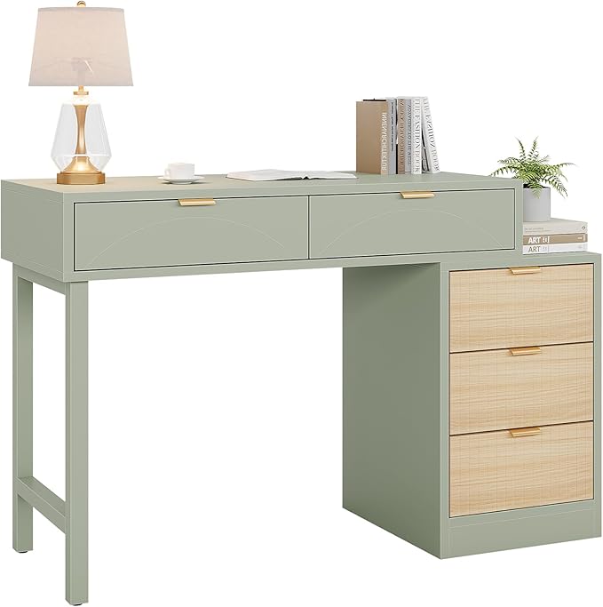 Tribesigns Computer Desk with 5 Drawers Reversible Small Writing Desk with Storage Modern Wooden Study Corner Table Workstation for Home Office Small Spaces Mint Green