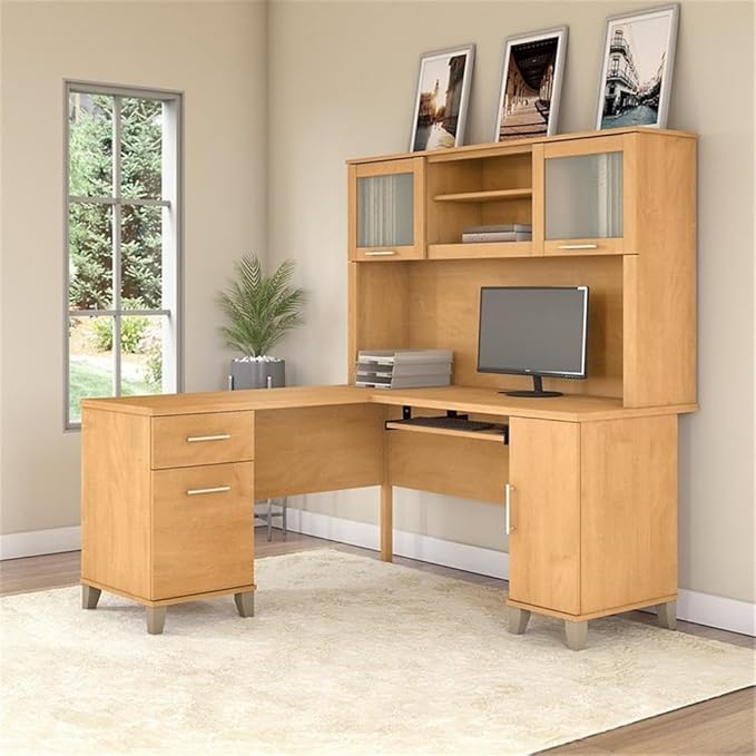 Pemberly Row Contemporary 60W L Shaped Desk with Hutch Maple Cross Finish Thermally Fused Laminate Pull-Out Keyboard Tray Storage Cabinet File Drawer Modern Office Desk for Home Workstation Use