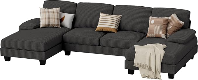 JUMMICO Sectional Couches for Living Room U Shaped Couch with Chenille Fabric 4 Seat Modern Sofa with Removable Pillows for Apartment and Small Space (Corduroy Light Grey)