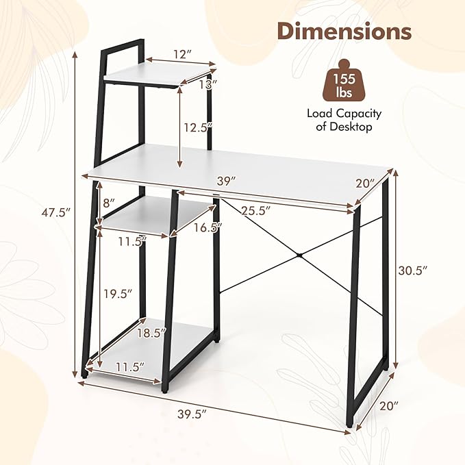 Giantex Computer Desk with Shelves 47.5” Home Office Desk with Bookshelf Host Stand Metal Frame PC Laptop Workstation Modern Study Writing Desk for Bedroom Small Space (White &amp Black)