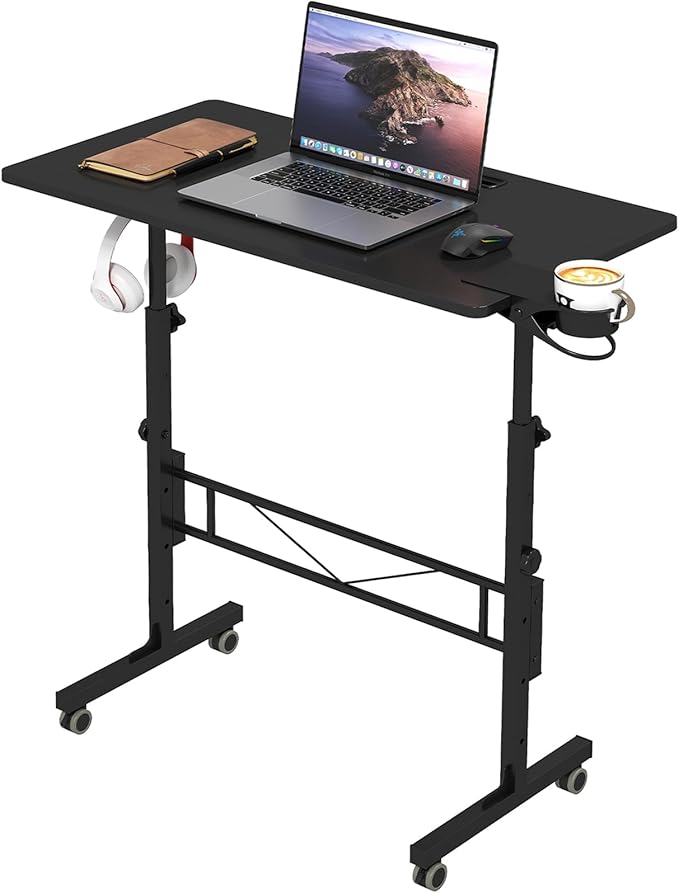 Hadulcet Small Standing Desk Adjustable Height Mobile Stand Up Desk with Wheels Portable Walking Pad Table Stand Rolling Laptop Cart for Standing or Sitting Black