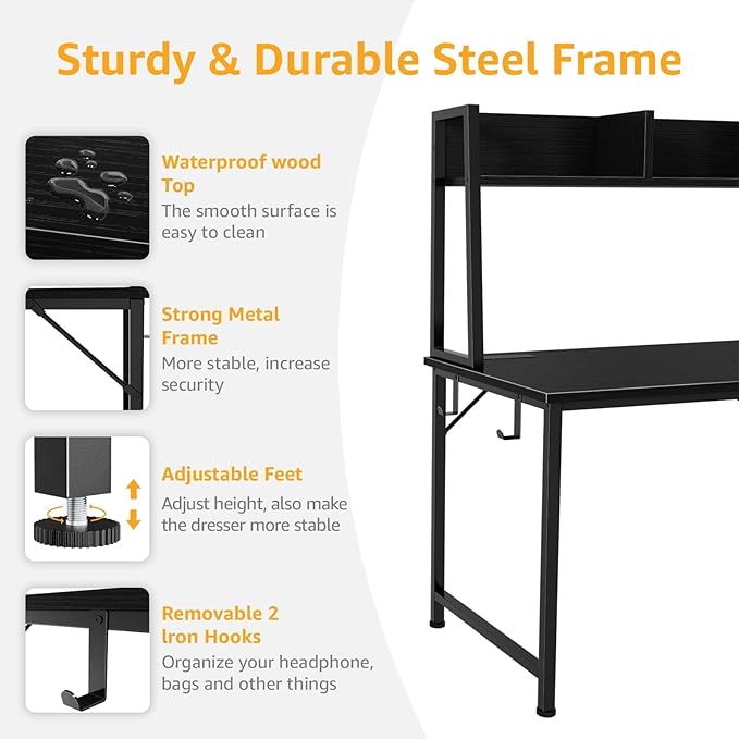 DLisiting Black Computer Desk with Hutch &amp Drawers - Office Desk with 3 Storage Drawers and Power Outlets 47 Inch Modern Study Writing Desk for Bedroom Home Office