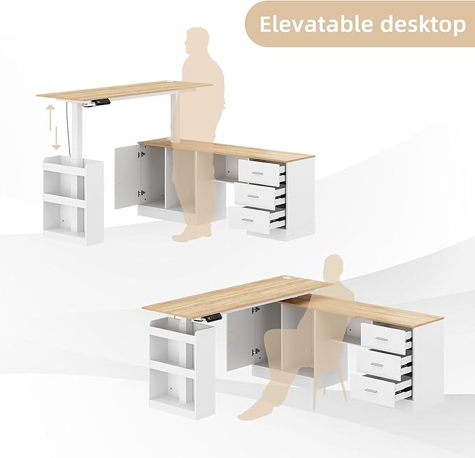63 Large Electric Standing Office Desk with Drawers Modern Executive Deep L Shaped Computer Raising Stand up Desk with Shelves Storage for Home Office Adjustable Height White &amp Natural