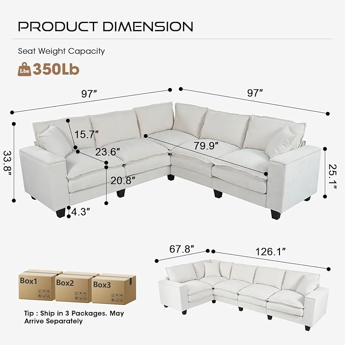 97 5 Seater L Shaped Couch Corner Sofa Oversized Cloud Couch with 2 Pillows Chenille Modular Sectional Sofa Armrests with Two Hidden Storage Space Sectional Couches for Living Room Beige