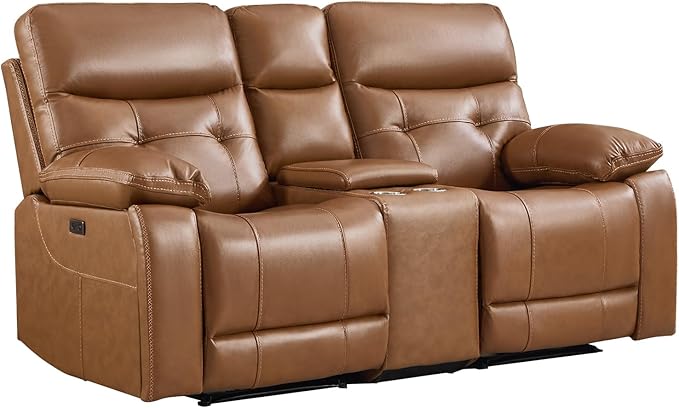 CANMOV Genuine Leather Power Recliner Loveseat 2 Seat Loveseat Reclining Sofa with Storage ConsoleHidden Cup HoldersModern Electric Recliner Couch Set for Living Room BedroomBrown
