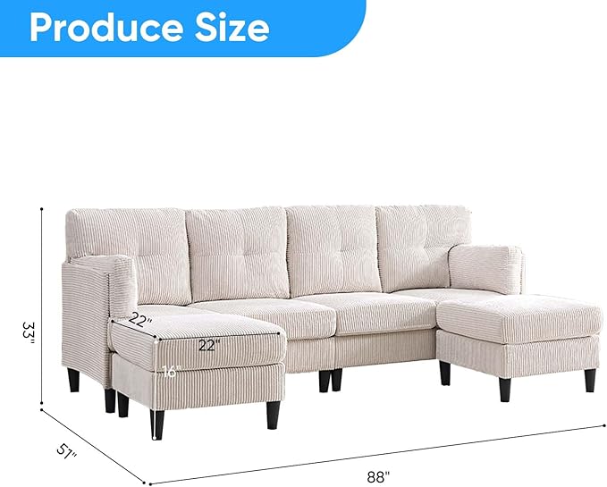 Mjkone Sectional Couch Sofa with Ottoman U Shape Sofa for Living Room Corduroy Convertrible Couches with Double Chaises 6 Seater Sofas for Living Room/Home Office/Guest (Beige)