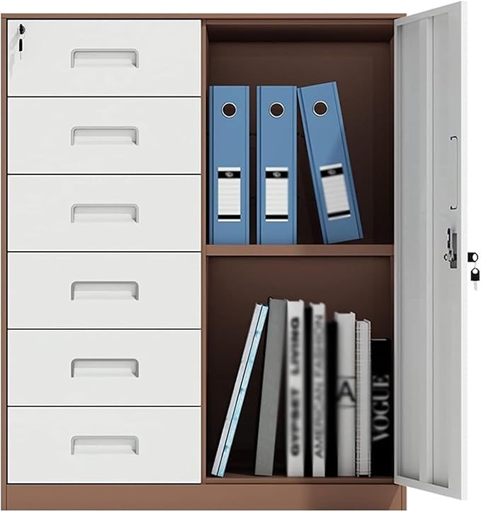 File Cabinet with Lock 6-Drawer Low Cabinet Side Cabinet Office Steel Filing Cabinet Coffee Color Under Desk Storage