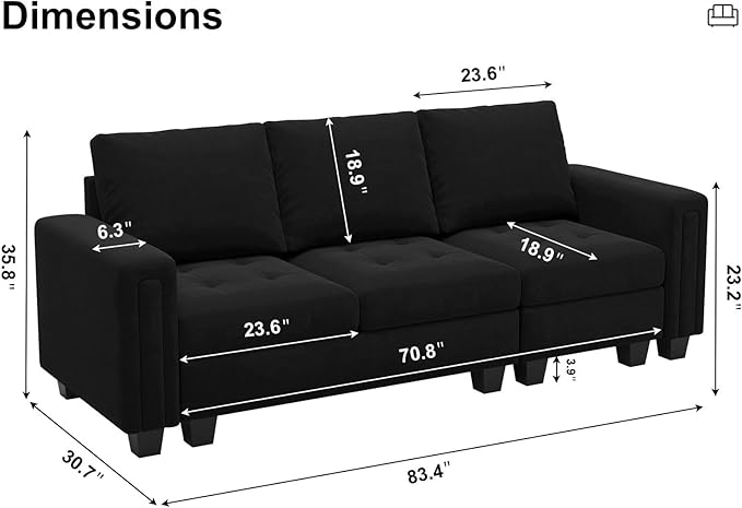 Belffin Velvet Modular Sofa Couch 3 Seater Sofa Couch for Living Room Black