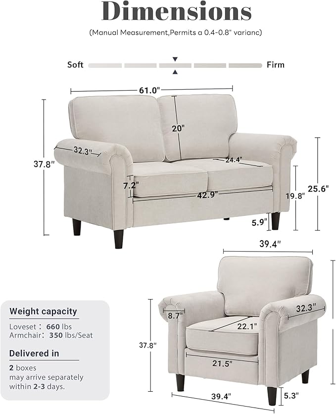 Kingfun Loveseat 2 Seater Couch with Chair Mid Century Modern Chenille Sofa Set with Rolled Arms and Deep Seats Fluffy Comfort for Living Room Apartment Easy Assembly Beige