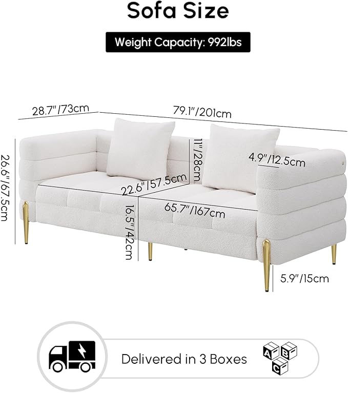 homary Sofa 79 Boucle Upholstered Sofa Modern White Couches for Living Room 3 Seater Sofa Couch with Pillows (Boucle White &amp Gold)