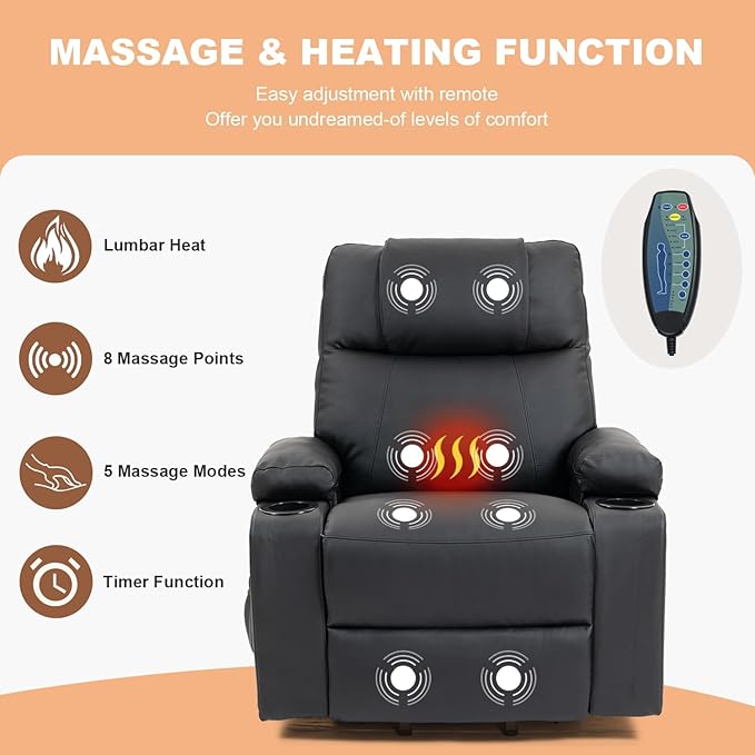 Power Lift Recliner Sofa Chair Electric Stand Assit for Elderly People Leather Reclining Chair with Cup Holders Massage &amp Heat Functions Living Room or Bedroom Furniture for Resting Black