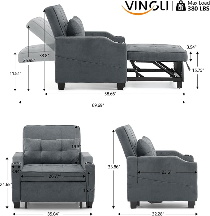 VINGLI Dark Grey 3-in-1 Convertible Futon Sofa Bed Pull Out Couch Bed Adjustable Recliner Chair with USB Ports Cup Holders Side Pockets for Living Room Bedroom Small Spaces