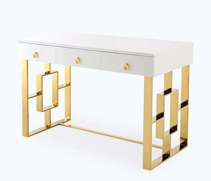 First of a Kind Brooke Mid Century Modern Gloss Lacquer Computer Desk - Home Office Desk with Drawers - Writing Desk for Luxurious Touch - Versatile PC Desk White/Gold