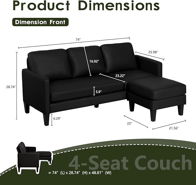 Faux Leather Sectional Couch L Shaped Sofa with 3 Seater Couch and Reversible Chaise Convertible PU Leather Comfy Couches for Living Room (Black)