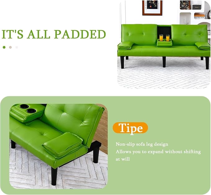 Futon Sofa Bed Modern Folding Couch for Small Space Faux Leather Convertible Loveseat Sleeper Bed Daybed Recliner Lounge Sofas for Living Room2 Cup HoldersMetal LegsRemovable Armrests (Green)