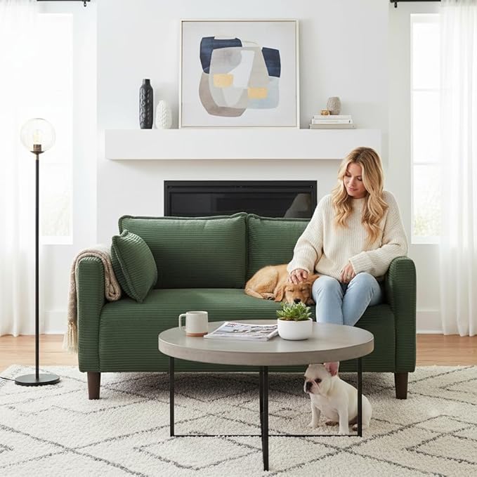 48 Loveseat Sofa Modern Corduroy Couch with 2 Pillows and Side Storage Pocket 2 Seater Small Sofa for Living Room Bedroom Apartment Office Green