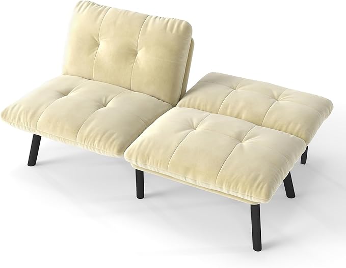Sofa Bed with Chaise Modern Convertible Sleeper Sectional Loveseat Velvet Futon Couch with Tufted Back and Metal Legs for Small Space Apartment (Cream)
