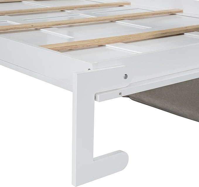Linique Queen Size Murphy Bed with Sofa and Top Shelf Horizontal Wall Bed Versatile Convertible Wooden Bed Frame White 93.3x86.2