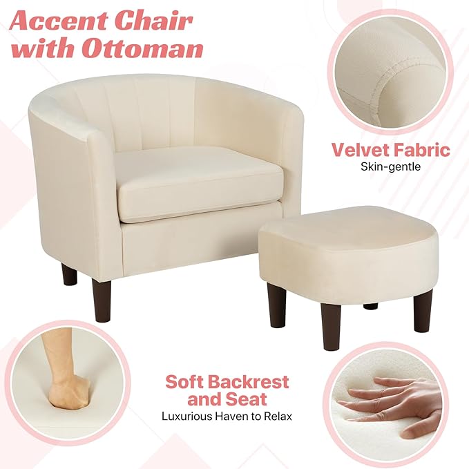 Dkelincs Accent Chair with OttomanBarrel Reading Chair with Velvet Fabric for Living RoomMore Spacious and SupportiveGood Weight CapacityBeige