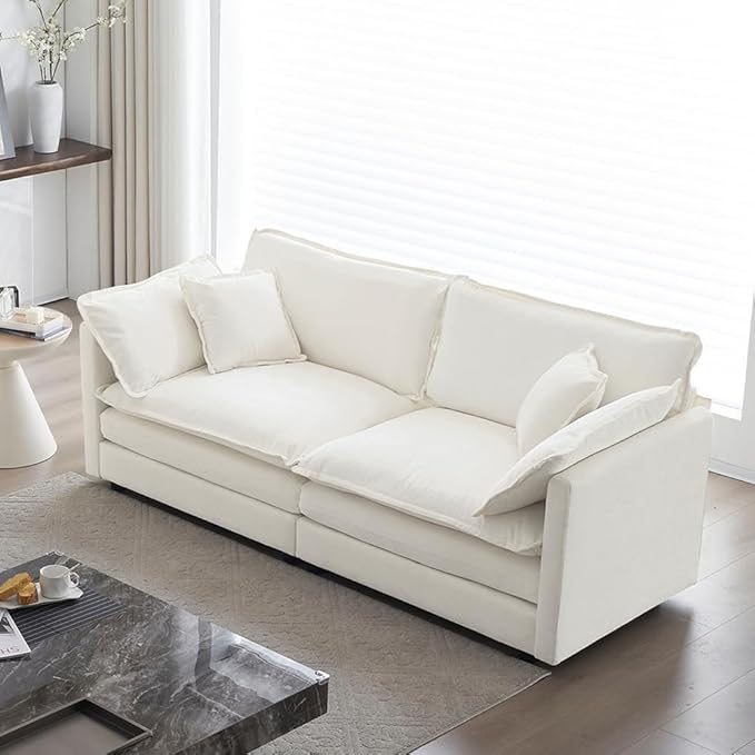 76.7 Loveseat Sofa Couch for Living Room 2 Seat Sectional Couch Cloud Sofa with Thickened Cushion &amp 4 Pillows for Small Spare ApartmentChenille Fabric Cream White