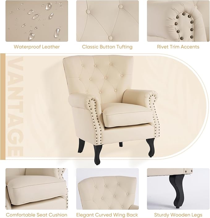 MOJAY PU Leather Accent Chair Mid-Century Modern Armchair Living Room Club Chair with Tufted Button &amp Rivet Trim Upholstered Sofa Chair with Sturdy Wood Legs for Bedroom (Ivory White)