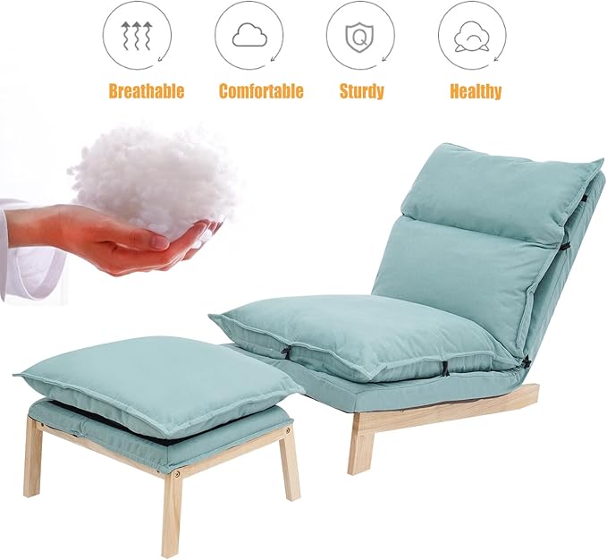 Single Lazy Sofa Lounge Chair with Footstool 5-Position Reclining Comfort for Living Room Balcony Japanese Tatami Floor Recliner Modern Leisure Recliner Indoor Use Green