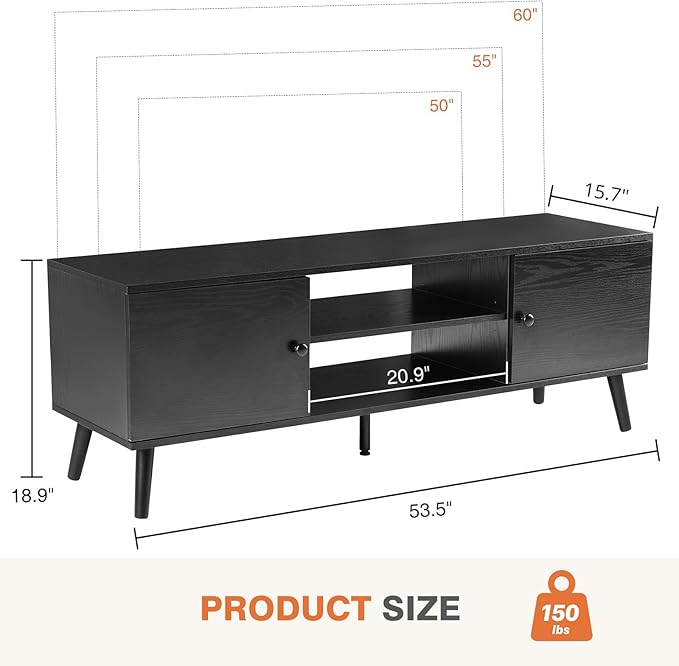 Sweetcrispy TV Stand for 55 60 inch TV Modern Mid Century Entertainment Center with Storage Media Console Table 2 Cabinet Soft Hinge Handle Door Wooden Living Room Office Furniture Black