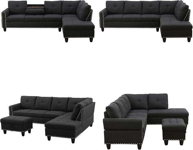 Sectional Couches for Living Room Convertible 4 Seat Modular Sectional Sofa Set for Living Room L Shaped Couch or U Shaped Couch with Storage Ottoman for Apartment Dark Grey