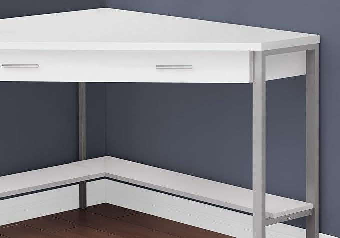 Pemberly Row Corner Computer Desk 42 in Particle Board and Metal White and Silver Finish 1 Drawer Bottom Shelf Contemporary Home Office Workstation for Small Spaces