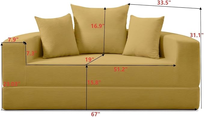 Folding Sofa Bed Corduroy Circular Boneless Couch No Assembly Convertible Sleeper Sofa with 3 Pillow Comfy Futon Sofa Bed for Apartment Office Bedroom Living Room Yellow