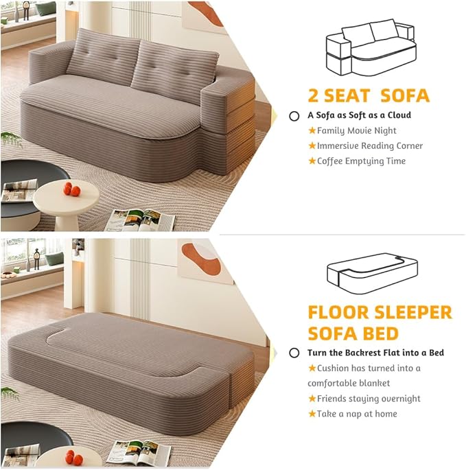 2 in 1 Convertible Compressed Sofa Bed 51.2'' Modern Boneless Loveseat Sleeper in a Box Floor Mattress Futon Couch No Assembly Needed Space Saving Coffee 2 Pillows &amp Blanket Full for Home