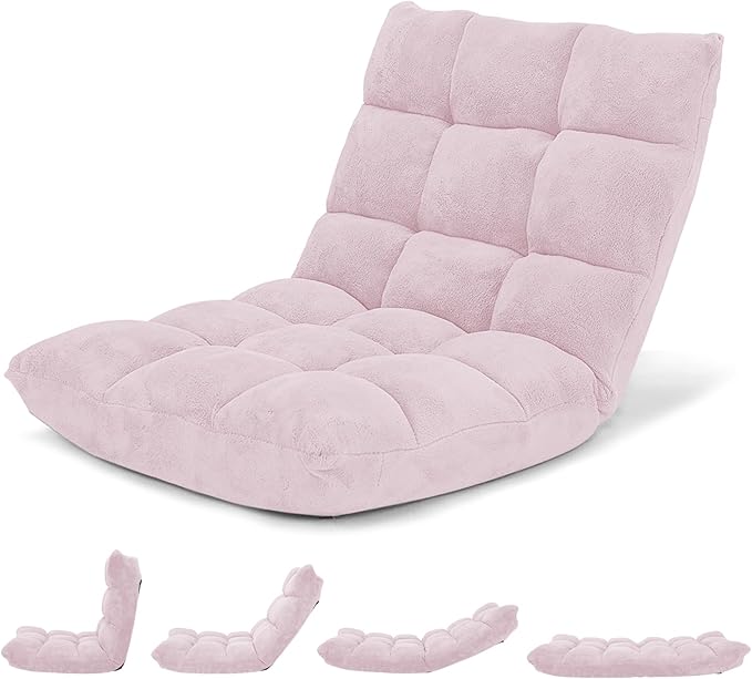 Giantex Floor Chair with Back Support 14 Adjustable Position Padded Sleeper Bed Couch Recliner Gaming Floor Chairs for Meditation Adults Living Room Gaming Chair Floor Light Pink