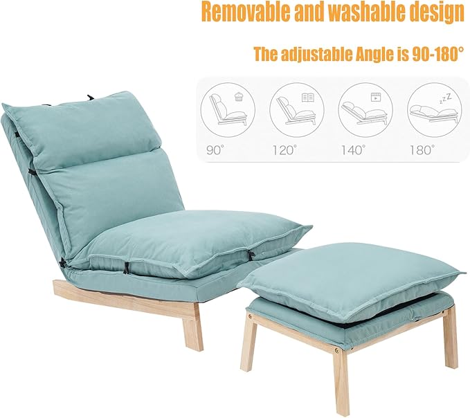 Single Lazy Sofa Lounge Chair with Footstool 5-Position Reclining Comfort for Living Room Balcony Japanese Tatami Floor Recliner Modern Leisure Recliner Indoor Use Green