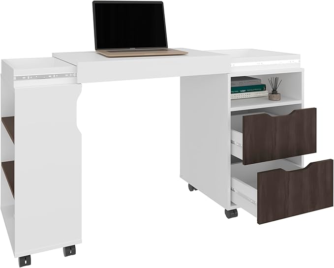 54 Wide Two Drawer Expandable Desk Home Office Desk with Seven Shelves and Casters for Home Office White - Dark Walnut