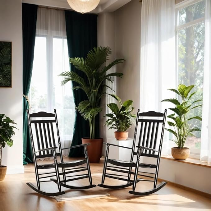 Outdoor Patio Rocking Chairs Set of 2 Porch Wooden Comfy Rockers for Adult Furniture Indoor Outside Camping Balcony Garden Backyard Lawn and Bistro Black
