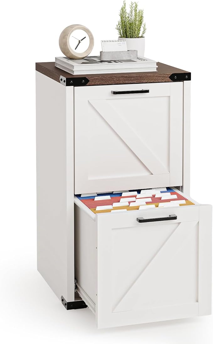 VINGLI 2 Drawer Farmhouse Metal File Cabinet Home Office Filing Organizer for Letter File Folder Storage Printer Stand with Drawers Archivador Vertical Filing Cabinet for Study Business (White)