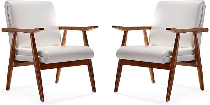 Manhattan Comfort Archduke Mid Century Modern Accent Chair Set of 2 Fully Assembled Made of Beech Wood Frame Upholstered in Faux Leather Ideal for Living Room Bedroom &amp Office Use White
