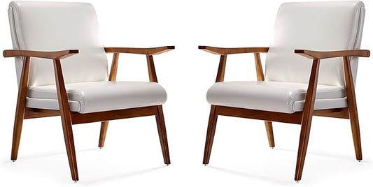 Manhattan Comfort Archduke Mid Century Modern Accent Chair Set of 2 Fully Assembled Made of Beech Wood Frame Upholstered in Faux Leather Ideal for Living Room Bedroom &amp Office Use White