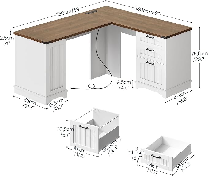HOOBRO Farmhouse L Shaped Computer Desk Computer Desk with Power Outlets 59 Corner Office Desk with 3 Drawers &amp Adjustable Shelves for Home Office Study White and Walnut WH150UDN01