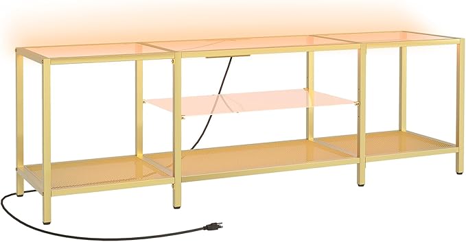HOOBRO TV Stand with LED Lights and Power Outlets for TVs up to 75 Modern 63 Inch Tempered Glass TV Console Table with Open Shelves Media Entertainment Center for Living Room Gold GD165UDS01