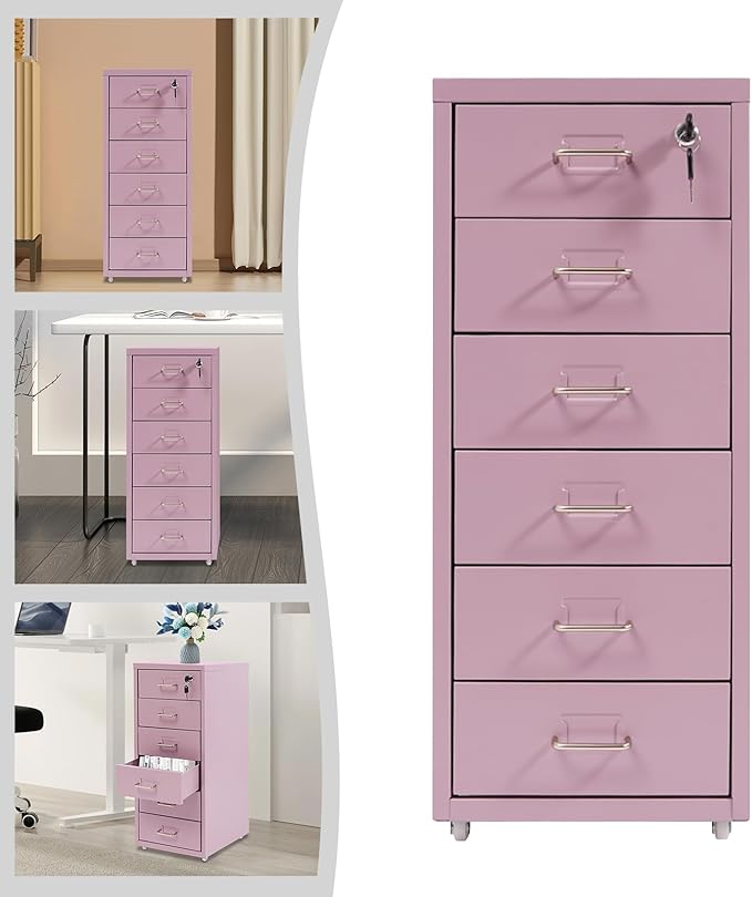 Office File Cabinet w/4 Wheels 6 Drawer Metal Small Vertical File Cabinets w/2 Lock Smooth Edges Mobile Storage Cabinet File Organizer for Home Office Living Room 11 * 16 * 27in (Purple)