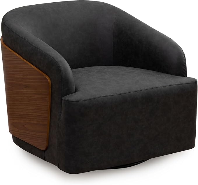 Swivel Accent Chair Faux Leather Swivel Barrel Chair Comfortable Mid Century Modern Chair Upholstered Metal Base Armchair for Living Room Bedroom Office Large Vintage Black