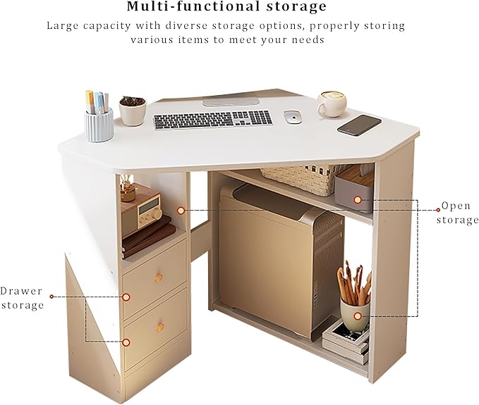 Corner Home Office Desk with Storage Shelves Triangular Computer Desk Workstation Makeup Vanity Desk with Spacious Desktop Space Saving Gaming Table for Study(57x57x74cm(22x22x29) Wood)