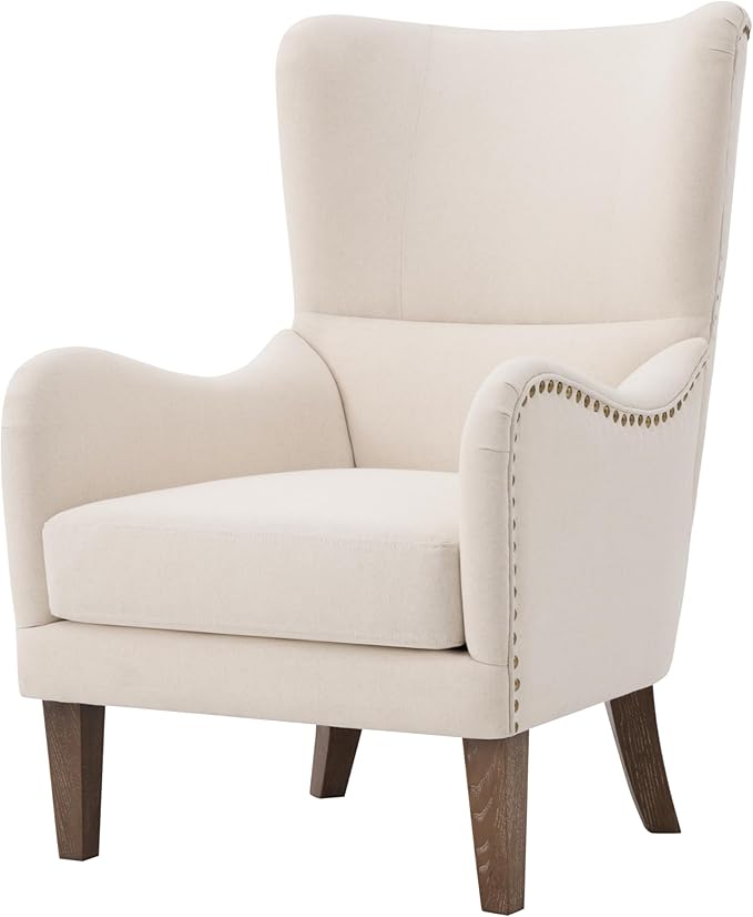 Mid-Century Modern Wingback Club Chair Fabric Living Room High-Back Accent Chair Classic Armchair for Apartment Office Studio Beige